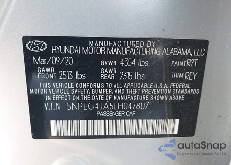 2020 Hyundai Sonata Se z USA, uszkodzony, nr VIN 5NPEG4JA5LH047807
